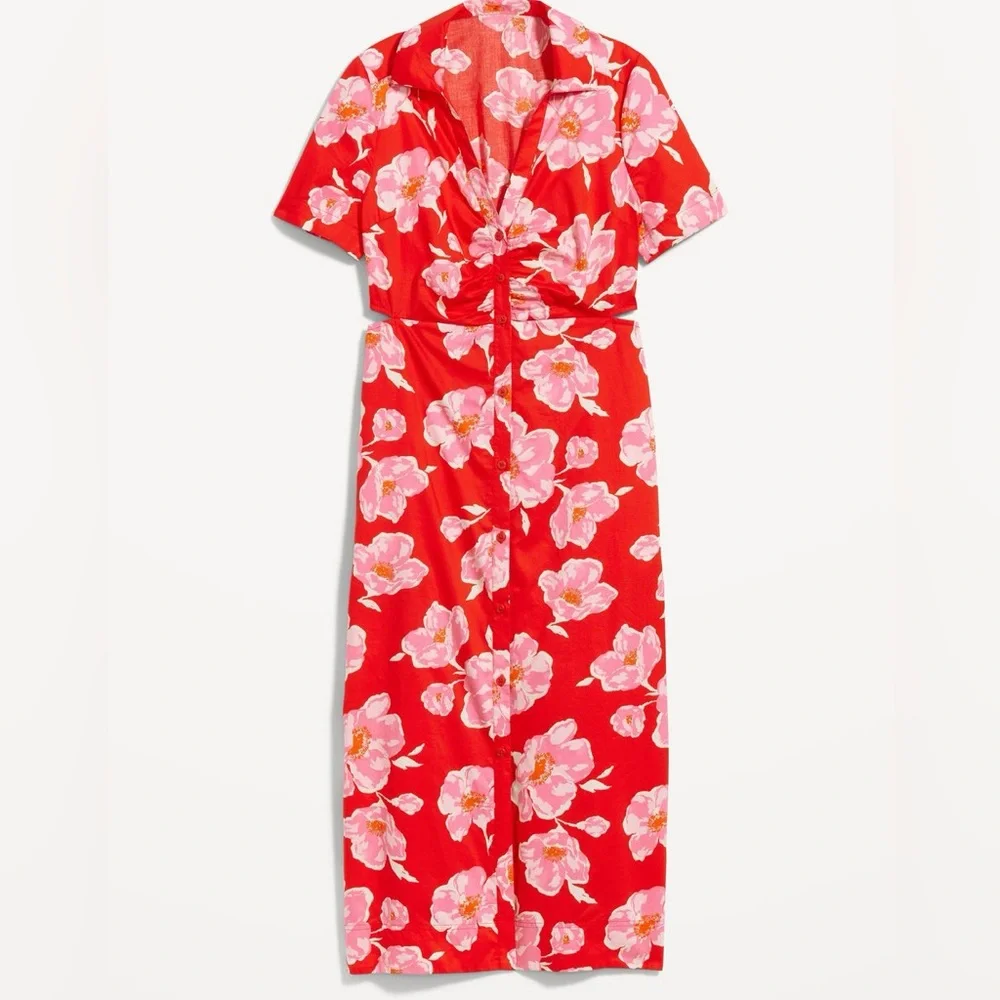 Old Navy Dress Women’s Medium Cutout Midi Shirt Dress Button Up Pink Red Floral. - Picture 6 of 7